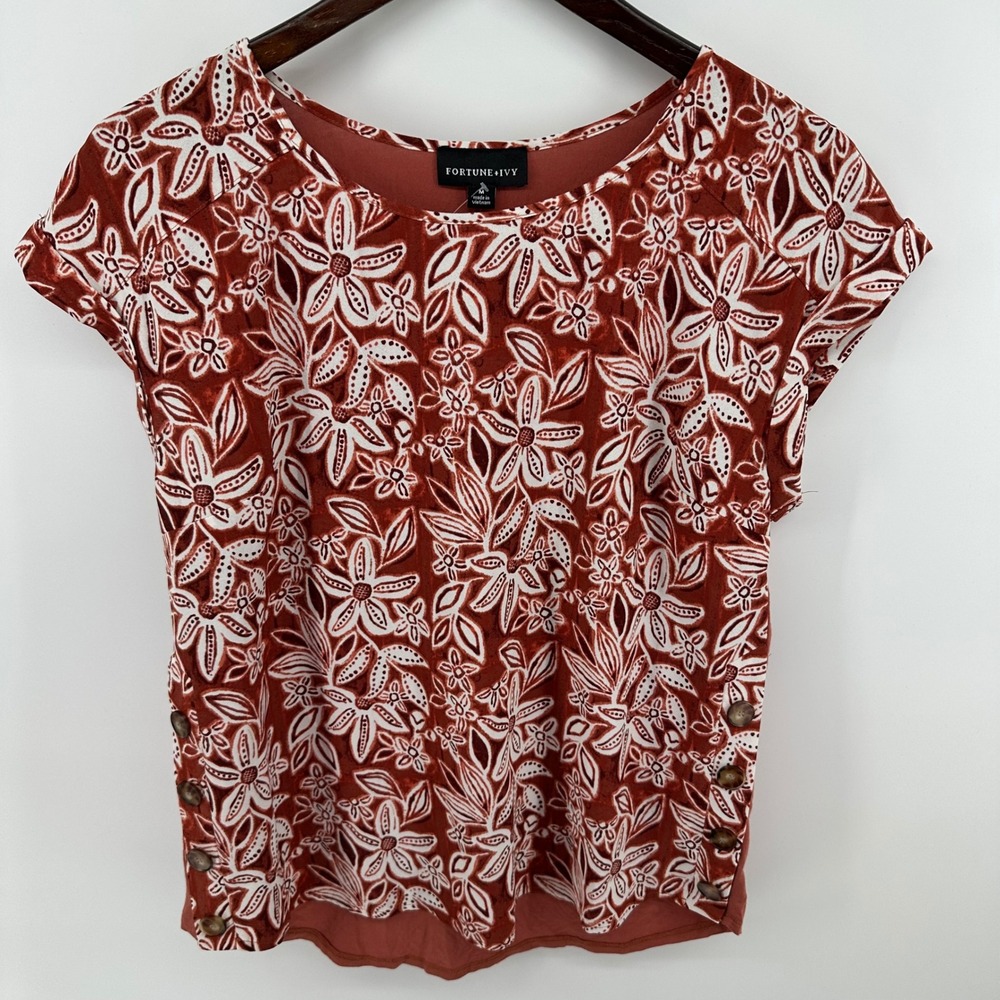Fortune + Ivy Womens Floral‎ Mixed Media Side Button Top Rust Orange M 1775L36